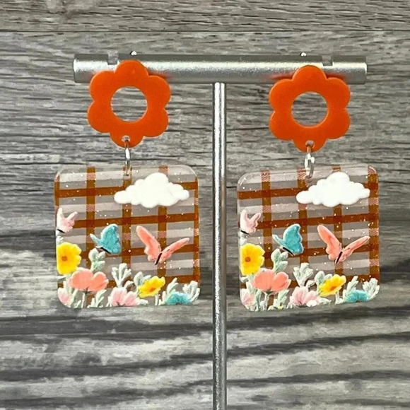 Acrylic Flatback Orange Floral Butterfly Dangle Earrings - Picture 1 of 8